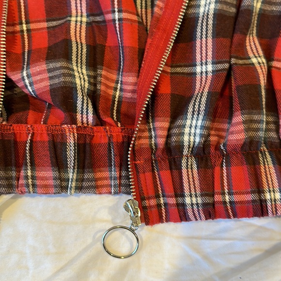 Red Cropped Flannel Zip-Up with silver circle zipper and grey hood - Picture 3 of 4